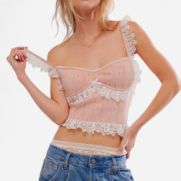 For Love & Lemons Andy Babydoll Knit Tank – Baby Pink Lace Trim (Sz M, NWT) - Picture 3 of 7